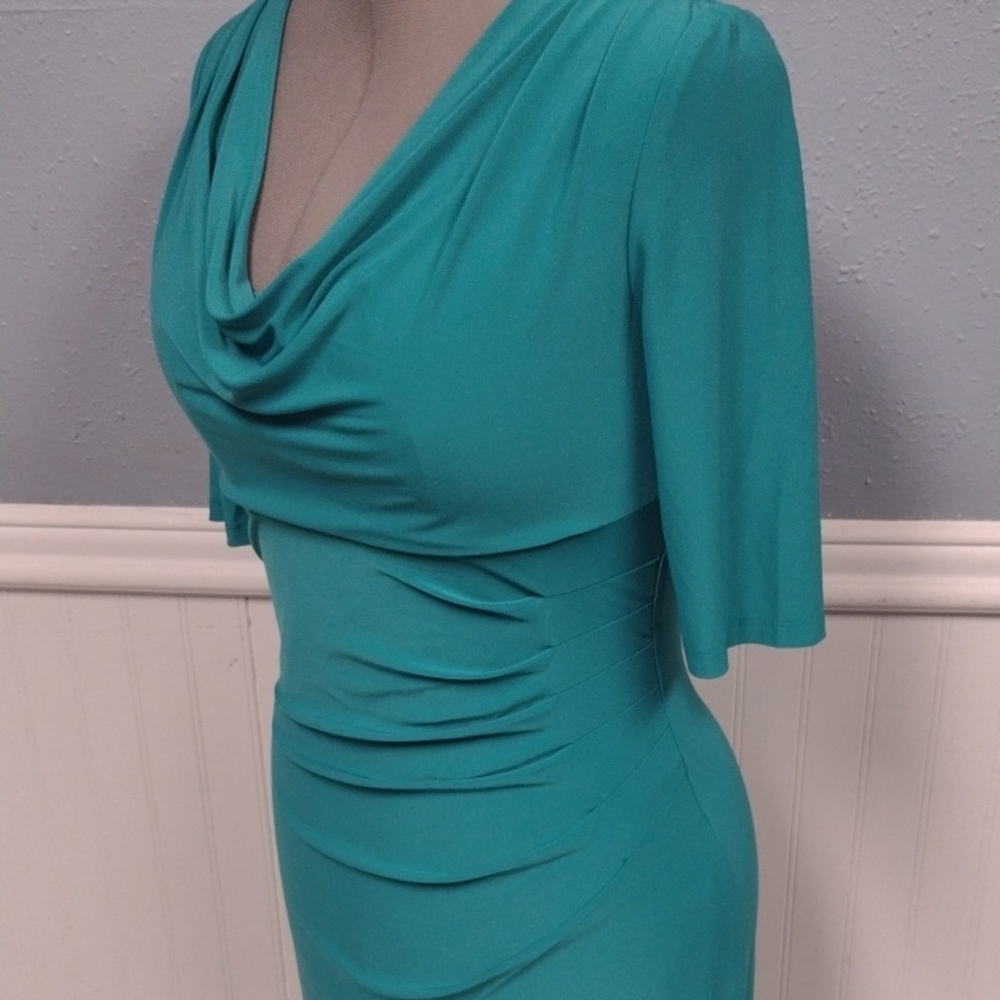 Lauren Ralph Lauren Asymmetrical Ruched Cowl Neck Dress in Blue Green - Picture 3 of 15